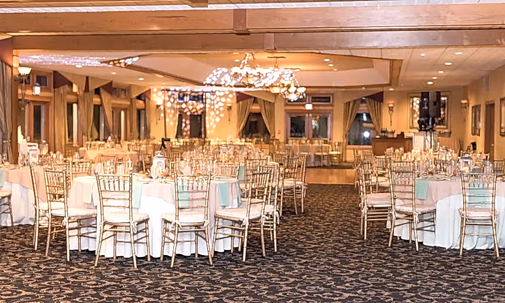 Black Bear Ballroom set up for wedding reception. 